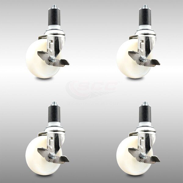 4 Inch 316SS Nylon Wheel Swivel 1-1/2 Inch Expanding Stem Caster Set Brake SCC, Service Caster, Mfr#: SCC-SS316EX20S414-NYS-TLB-112-4